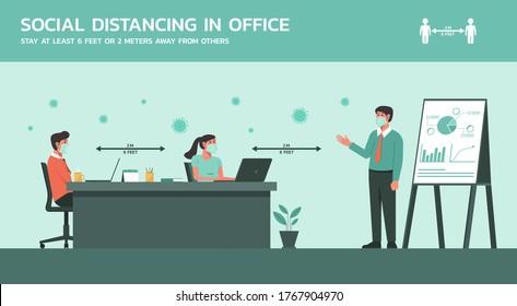 businessman and businesswoman working together in meeting room wearing mask and maintain social distancing to prevent coronavirus disease, new normal office lifestyle concept, flat vector illustration