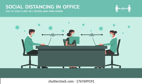 businessman and businesswoman working together in office wearing mask and maintain social distancing to prevent coronavirus spreading, new normal lifestyle concept, flat vector illustration