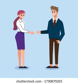 Businessman and businesswomen reaching an agreement and making a deal after a business meeting. Vector illustration.