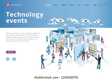 Businessman and businesswomen walk among a technology even with large screens displaying information. These screens forming a labyrinth.