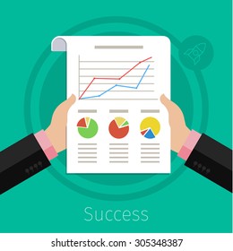 Businessman busy hands with paper and financial chart and graph. Flat design style.