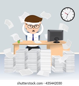 Businessman busy on his desk with  pile of papers, Business Concept