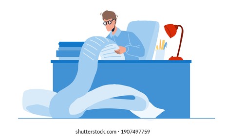 Businessman Busy With Paperwork In Office Vector. Man Accountant Paperwork, Working With Paper Documents Or Financial Report. Character Company Worker Employee Flat Cartoon Illustration