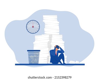 Businessman busy unhappy man with stacks of paper on desk.hard work concept vector illustrator