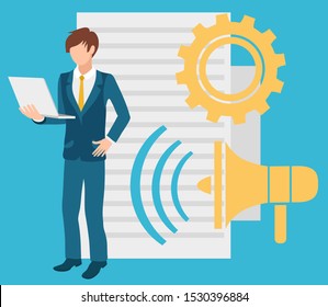 Businessman busy with work vector, man wearing formal suit. Documents and megaphone with waves, bullhorn marketing and gear cogwheel process symbol