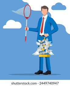 Businessman with butterfly net and cage chasing money. Dollar banknotes and gold coins with wings in birdcage. Concept of success career growth. Achievement and goal. Flat vector illustration