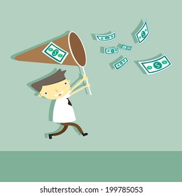 Businessman with a butterfly net trying to catch money. 