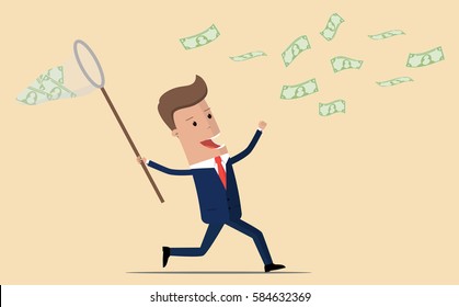 Businessman with a butterfly net trying to catch money. Happy running entrepreneur man using business opportunity to scoop some dollar bills.  vector illustration