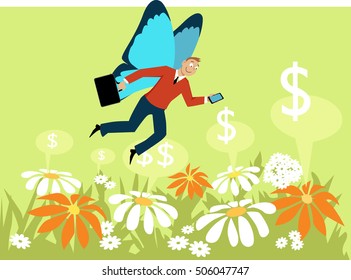 Businessman With Butterfly Wings Flying Over A Flower Field, As A Metaphor For A Gig Economy Freelance Worker, EPS 8 Vector Illustration, No Transparencies
