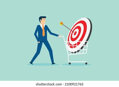 Businessman buy goal with shopping cart, bull's eye inside shopping basket, successful shoot darts target, Vector illustration design concept in flat style