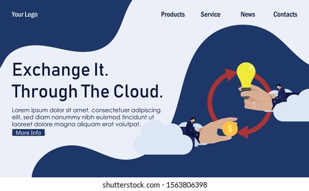 Businessman buy idea with money sit on cloud metaphor of online exchange. Business Landing Page Template.