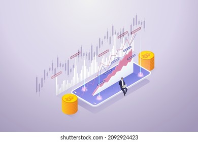 Businessman buy and Sell bitcoin on smart phone and labtop with investment online cryptocurrency. growing financial index and stock exchanges. isometric vector illustration.