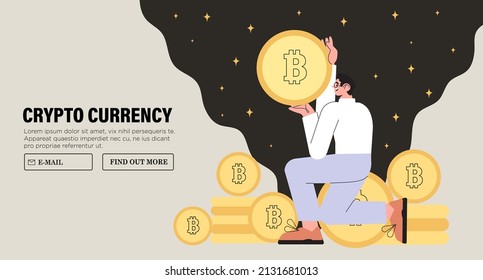 Businessman buy or sell Bitcoin online. Vector illustration of man character purchase or exchange cryptocurrency. Blockchain technology, bitcoin, altcoins mining and  digital money market web banner. 