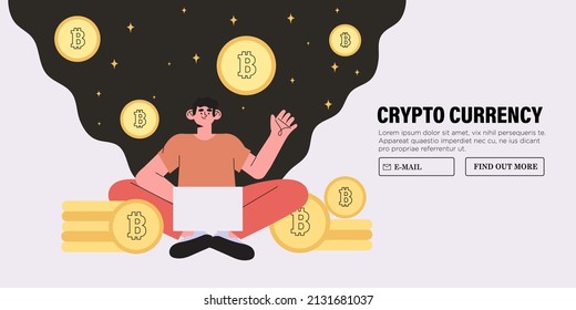 Businessman buy or sell Bitcoin online. Vector illustration of man character purchase or exchange cryptocurrency. Blockchain technology, bitcoin, altcoins mining and  digital money market web banner. 