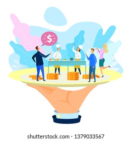 Businessman Buy Startup Idea Cook Prerare Meal Hand Plate Vector Illustration. Open Cafe Restaurant Sell Operating Business Food Catering Franchising Financial Investment Money Investor