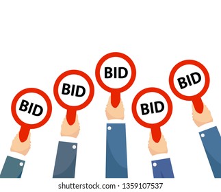 Businessman buyers hands raising auction bid paddles with numbers of competitive bidding price. Auction business bidders raise hand on blue background flat vector concept illustration