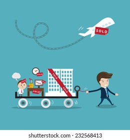 Businessman  Buying  Another Company Or Business. Vector Cartoon For  Business Trading Or Takeover Concept. 