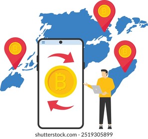 Businessman buying or selling bitcoins on smartphone online money transfer internet payment cryptocurrency blockchain. Crypto Currency Concept. Vector illustration. EPS 10.

