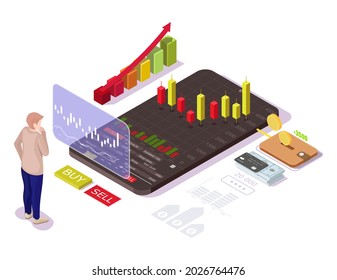 Businessman buying or selling shares, investing in stock market from mobile phone, flat vector isometric illustration. Mobile stock trading concept.