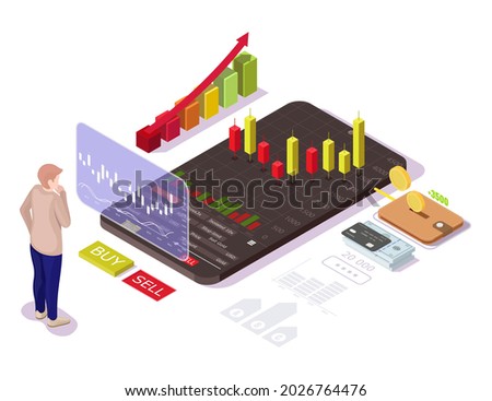 Businessman buying or selling shares, investing in stock market from mobile phone, flat vector isometric illustration. Mobile stock trading concept.