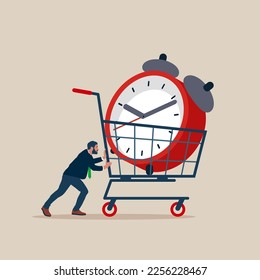 Businessman buying time with big alarm clock in shopping cart trolley. Modern vector illustration in flat style.