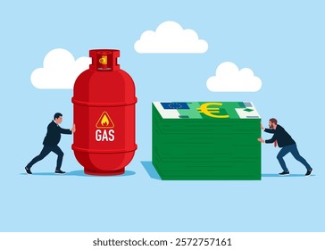 Businessman buys gas in euro. Partner holding gas cylinder. Sale of gas products and fuels. Modern flat vector illustration