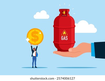 Businessman buys gas. Hand holding gas cylinder. Sale of gas products and fuels. Gas in barrel. Modern flat vector illustration.