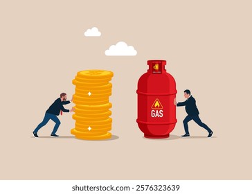 Businessman buys natural gas. Partner holding gas cylinder. Sale of natural gas and fuels. Modern flat vector illustration.