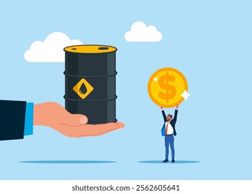 Businessman buys сrude oil. Hand holding oil barrel. Sale of petroleum products and fuels. Petroleum in barrel. Modern flat vector illustration.