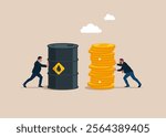 Businessman buys сrude oil. Partner holding oil barrel. Sale of petroleum products and fuels. Petroleum in barrel. Modern flat vector illustration.