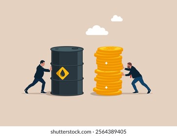 Businessman buys сrude oil. Partner holding oil barrel. Sale of petroleum products and fuels. Petroleum in barrel. Modern flat vector illustration.