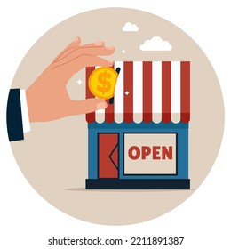 Businessman by put coin into small business store. Funding small business, banking loan to start new business or  open new shop. Flat vector illustration.