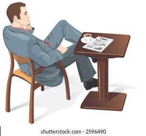Businessman in cafe, talking by cell phone. Coffee, newspaper with charts on table. Vector