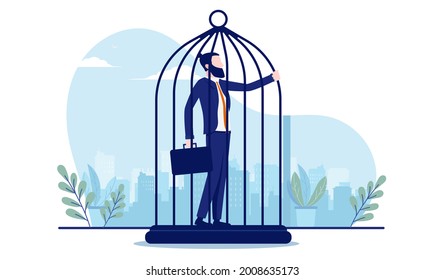 Businessman in cage - Business person feeling trapped at work, imprisoned by work and career stagnation concept. Vector illustration with white background