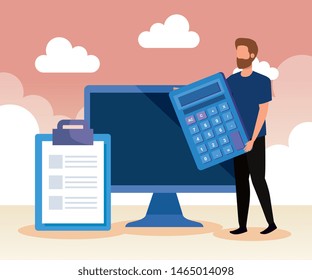 businessman with calculator and computer technology and document
