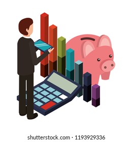 businessman with calculator math and set icons