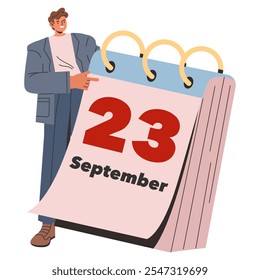 Businessman with calendar concept. Professional man presenting a specific date, revealing the importance of scheduling. Time management theme. Vector illustration.