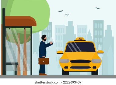 El empresario llamó a un taxi y verifica la hora.  Servicio de taxi urbano, transporte de pasajeros. Ilustración vectorial.