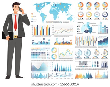 Businessman calling, graph and diagram report, counting icons, percents researching. Map and chart with growth arrow, company strategy and success vector