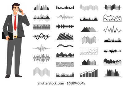 Geschäftsleute, die anrufen, Diagramme und Diagramme berichten, Ikonen zählen, Perzente recherchieren. Karte und Tabelle mit Wachstumspfeil, Unternehmensstrategie und Erfolgsstrategie Vektorillustration. Unternehmensanalyse und -beratung