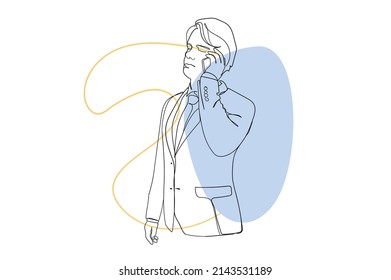 Empresario llamando al concepto de dibujo de línea continua del cliente al teléfono. Joven con traje hablando por smartphone. Consultoría de gerentes y trabajo. Ilustración vectorial en el diseño dibujado a mano para la web