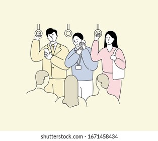 businessman calling from the subway illustration set. crowded, public, passengers. Vector drawing. Hand drawn style.