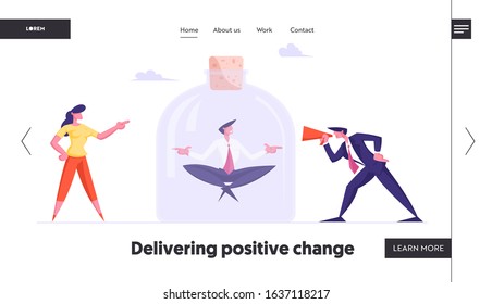 Businessman Calm in Stress Situation Website Landing Page. Angry Businesspeople Yelling to Megaphone at Office Worker Sitting in Lotus Posture in Jar Web Page Banner. Cartoon Flat Vector Illustration