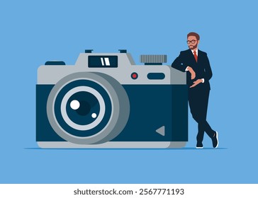 Businessman with camera photography. Modern vector illustration in flat style