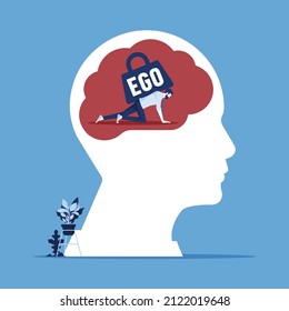 Businessman can barely crawl with a heavy load called ego on his back, the concept of the ego as a habit interfering with a full life