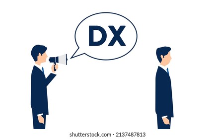 Businessman can not understand digital transformation,speech bubble written "DX",vector illustration