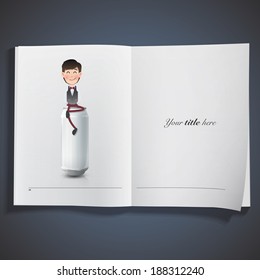 Businessman with can printed on book. Vector design. 