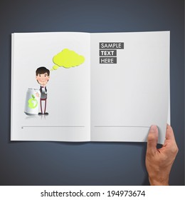 Businessman with can printed on book over blue background