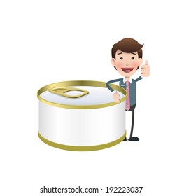 Businessman with can of tuna over white background