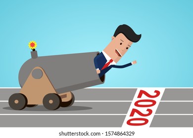 Businessman in cannon on starting line of the year 2020. Starting career, business concept. Vector illustration